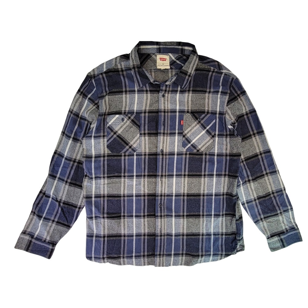 Levi's Men's Plaid Flannel Long Sleeve Button Up Shirt XXL Blue Grey
